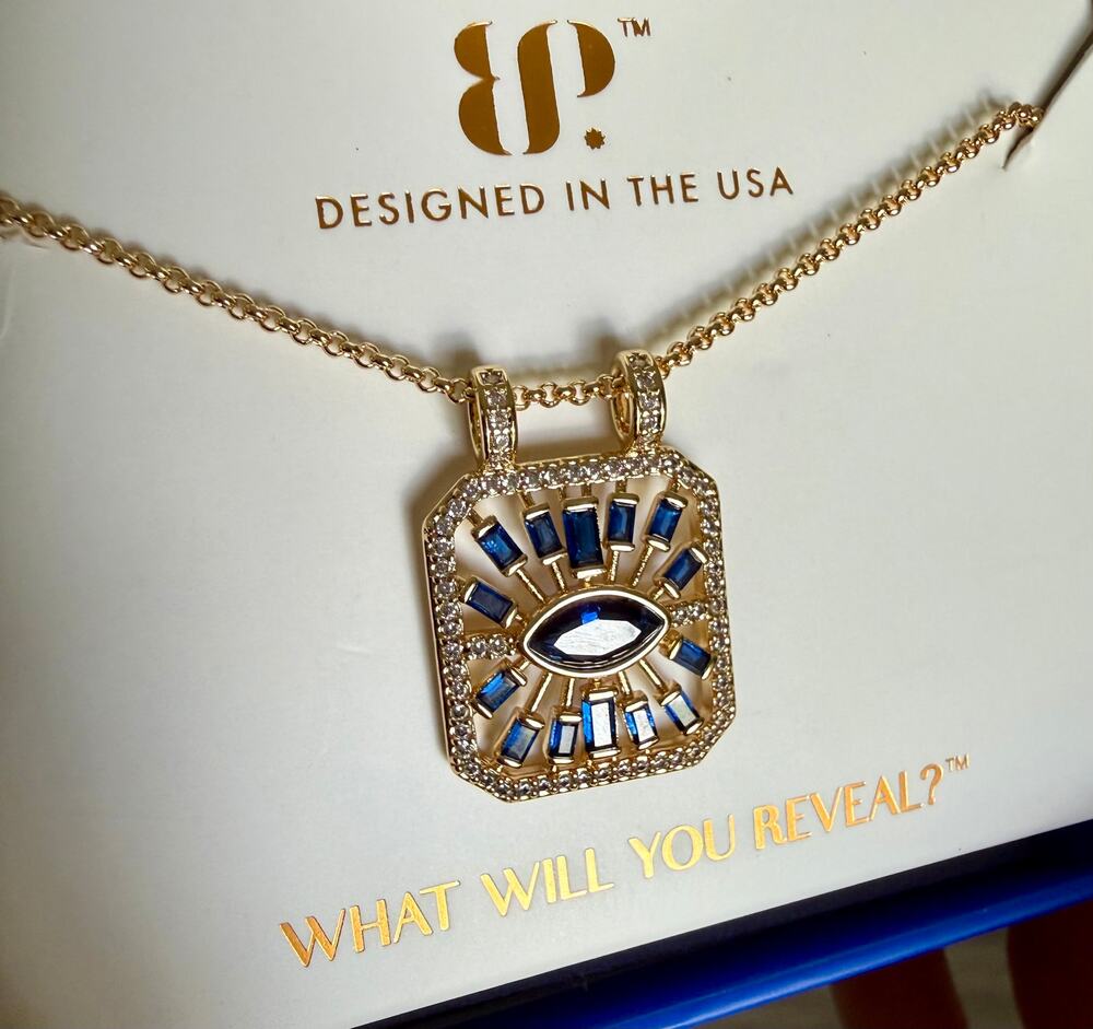 Bomb Party Sept. Birthday necklace Sapphire on Gold 'evil eye" protection!